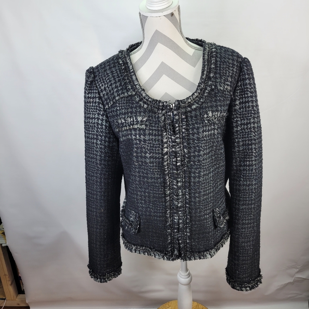 Chaus Black Silver Metallic Houndstooth Jacket Chain Accents Zip Front Size 16